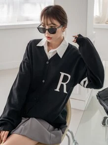 DAZY Letter & Striped Pattern Drop Shoulder Cardigan - Black - View 5