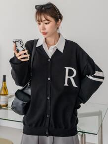 DAZY Letter & Striped Pattern Drop Shoulder Cardigan - Black - View 6