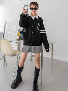 DAZY Letter & Striped Pattern Drop Shoulder Cardigan - Black - View 7