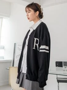 DAZY Letter & Striped Pattern Drop Shoulder Cardigan - Black - View 8