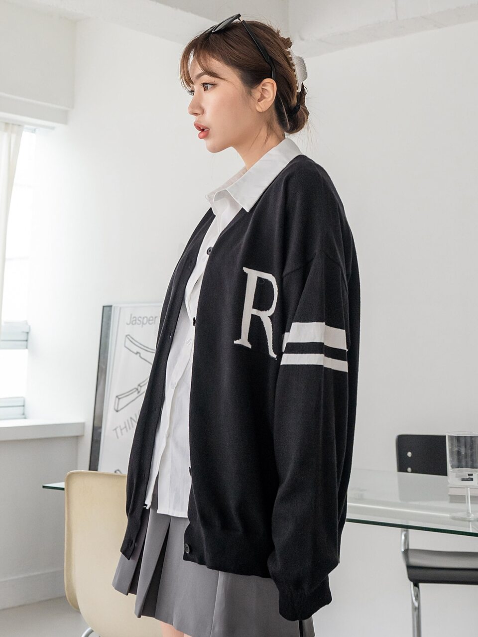 Letter & Striped Pattern Drop Shoulder Cardigan