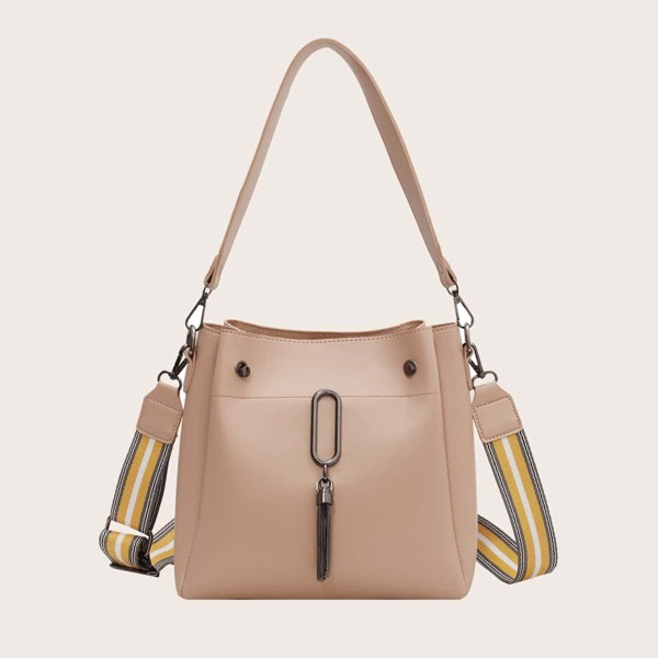 

Tassel & Studded Decor Bucket Bag, Khaki
