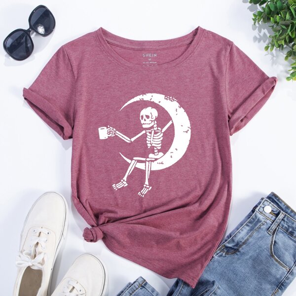 

Moon And Skeleton Print Tee, Mauve purple