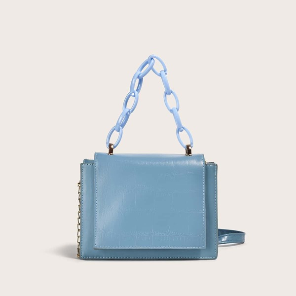 

Croc Embossed Flap Satchel Bag, Blue