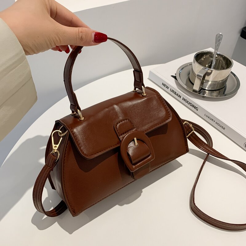 

Minimalist Buckle Decor Satchel Bag, Coffee brown