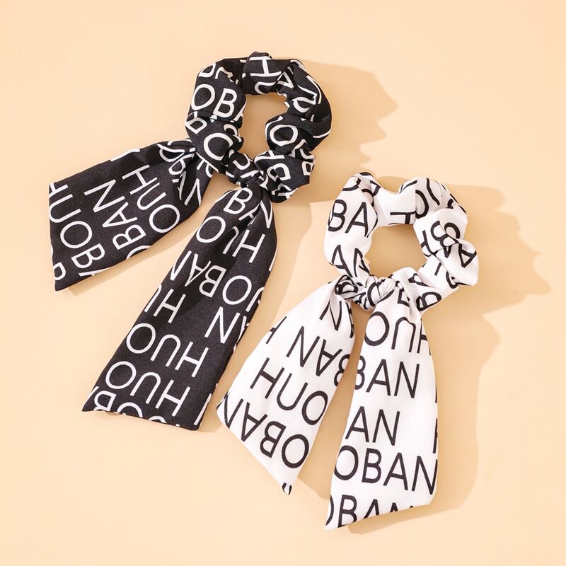 

2pcs Letter Graphic Scrunchie Scarf, Black and white