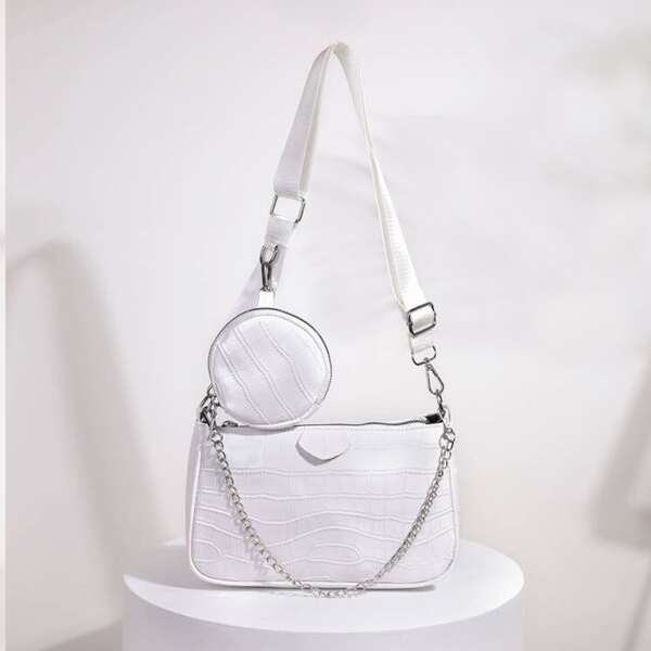 

Croc Embossed Shoulder Bag With Coin Case, White