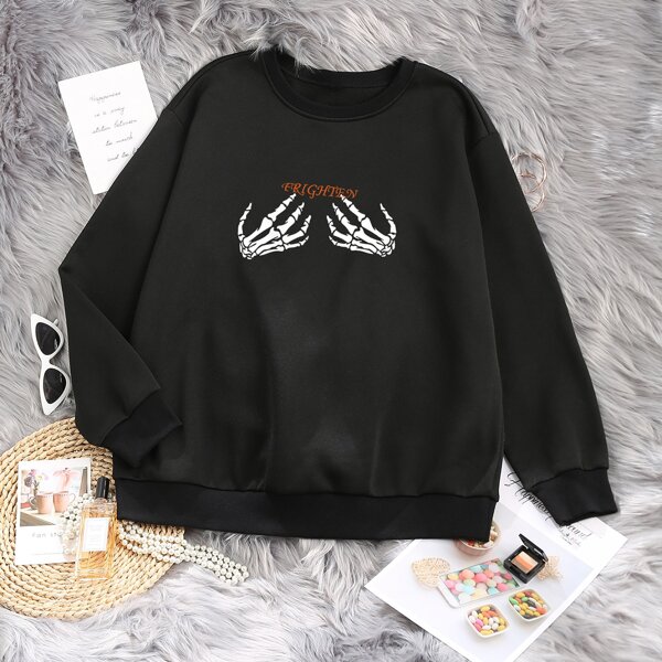 

Plus Skull And Letter Graphic Sweatshirt, Black
