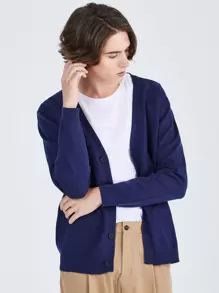 Men Knitwear Nút phía trước màu trơn Giải trí - Màu xanh hải quân - Xem 1