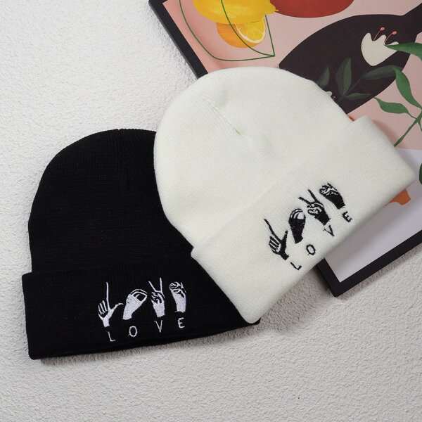 

2pcs Hand Embroidered Beanie, Black and white