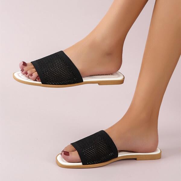 

Knit Detail Slide Sandals, Black