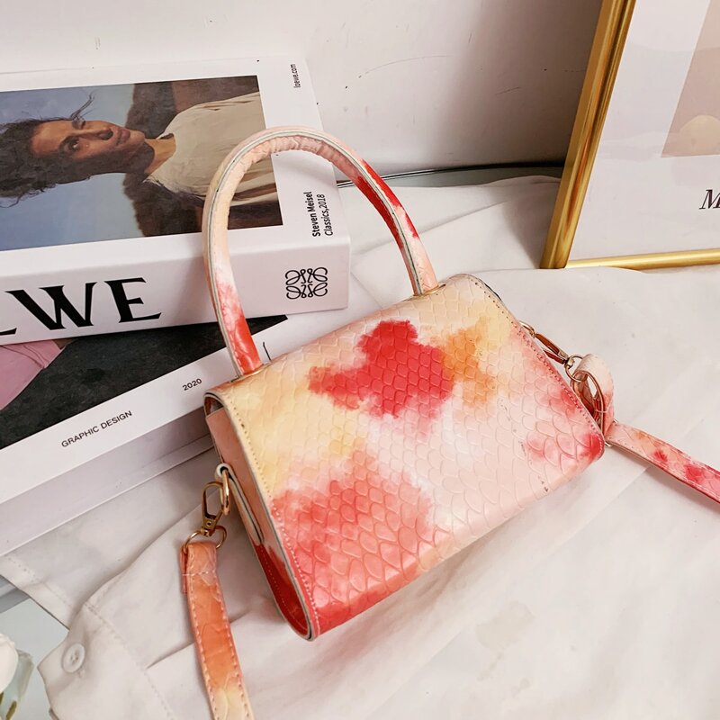 

Tie Dye Snake Embossed Satchel Bag, Red
