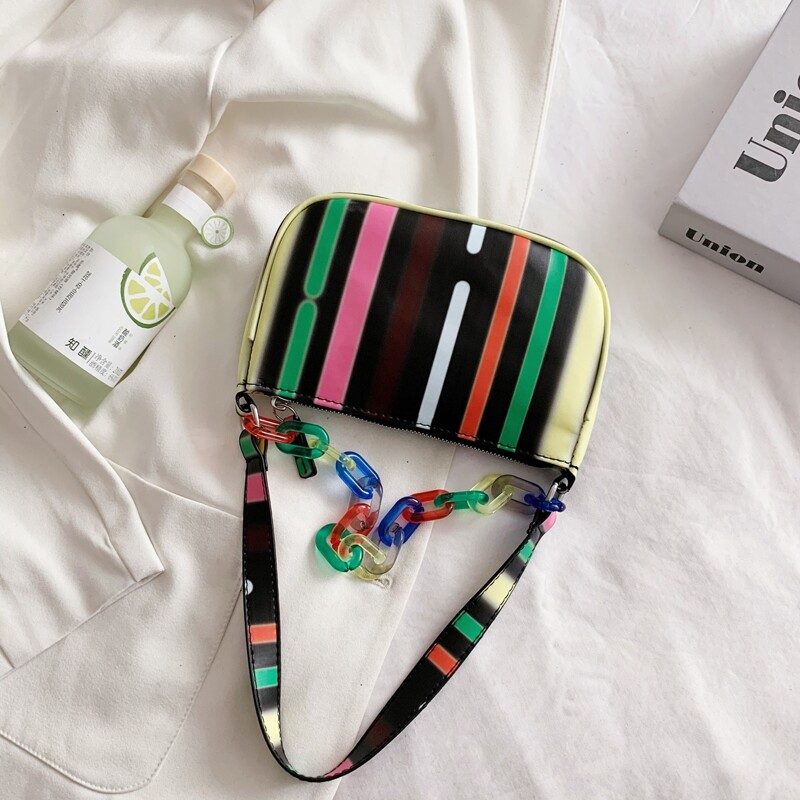 

Colorful Striped Satchel Bag, Black