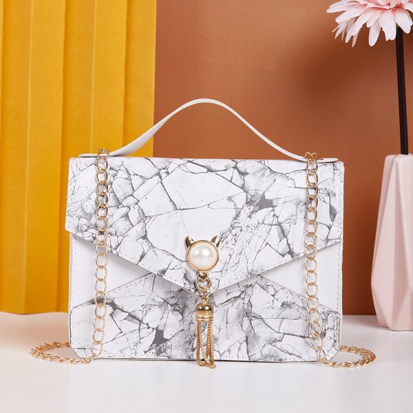 

Marble Graphic Pearl Decor Chain Square Bag, White