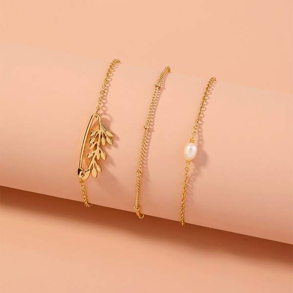 

3pcs Pearl Decor Bracelet, Gold