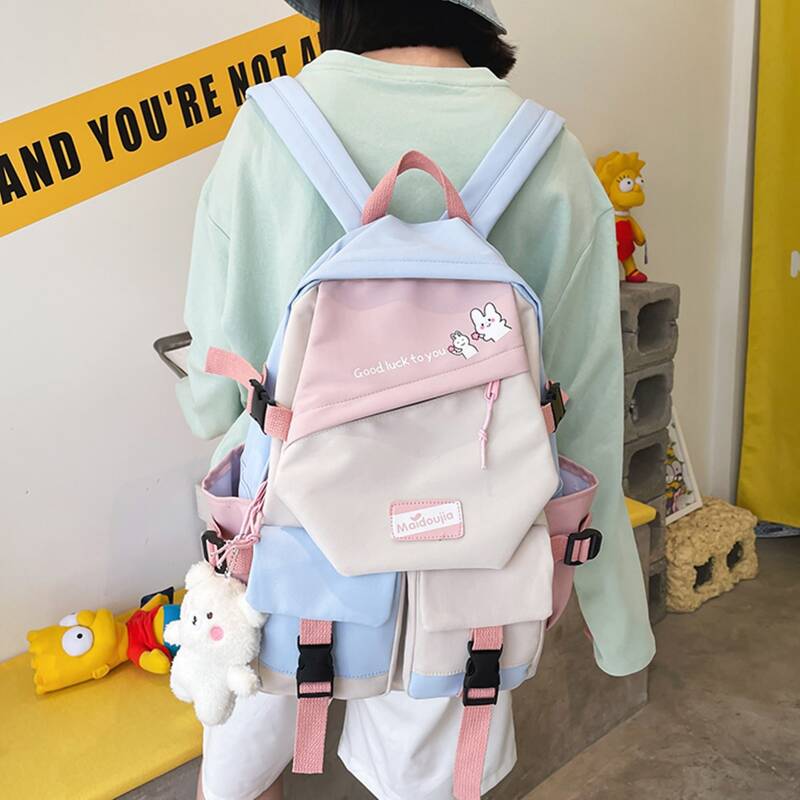 

Zip Front Double Buckle Backpack, Blue and white