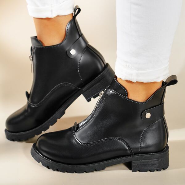 

Minimalist Zipper Front Chunky Heeled Boots, Black