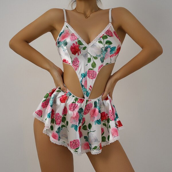

Floral Print Satin Romper Bodysuit, Multicolor