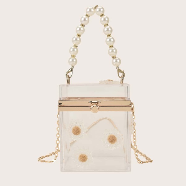 

Mini Floral Appliques Chain Box Bag, Clear