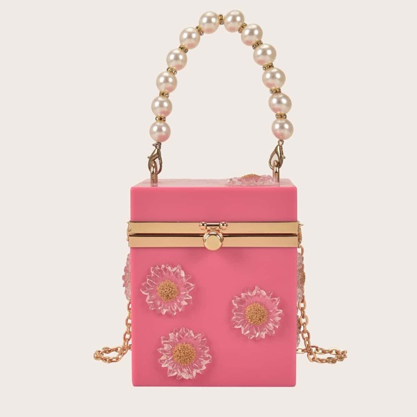 

Mini Floral Appliques Chain Box Bag, Pink