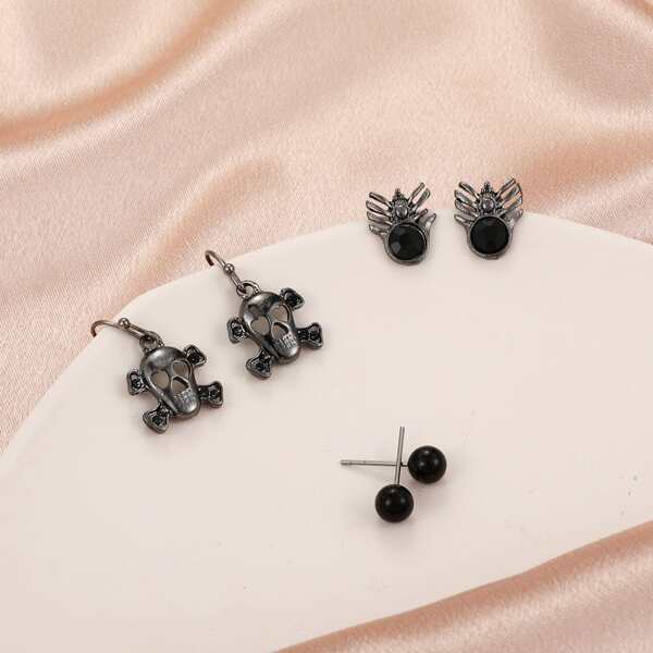 

3pairs Skull Decor Stud Earrings, Black