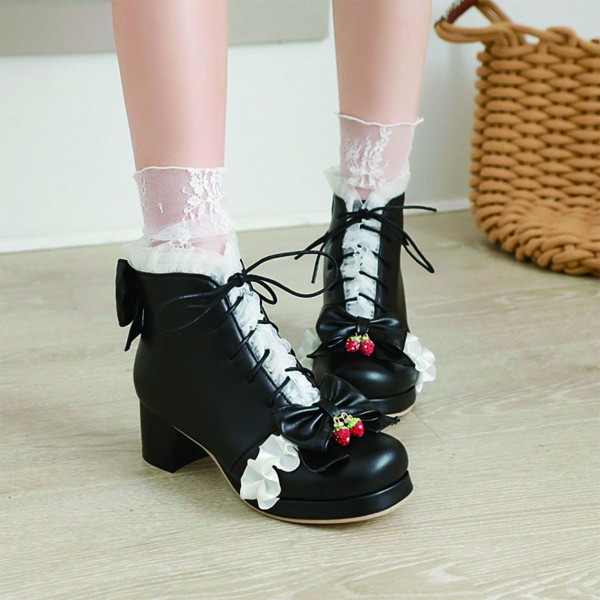 

Bow & Ruffle Decor Chunky Heeled Boots, Black