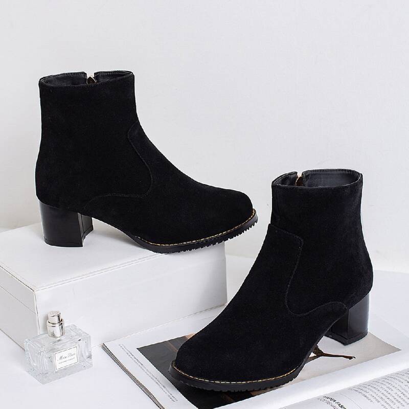 

Suede Side Zip Chunky Heeled Boots, Black