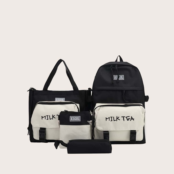 

4pcs Colorblock Letter Graphic Backpack Set, Black and white