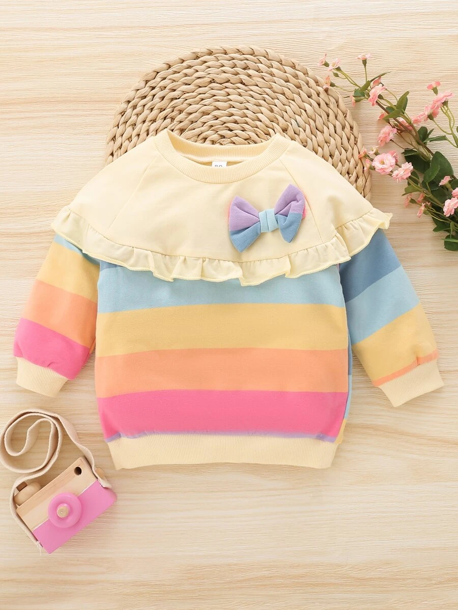 嬰兒女寶寶積木條紋蝴蝶結前裝飾波浪邊毛衣 - 彩色 - 查看 1