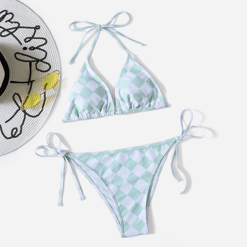 

Plaid Halter Tie Side Bikini Swimsuit, Multicolor
