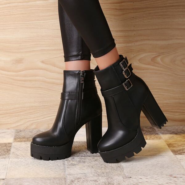 

Buckle Detail Side Zip Chunky Heeled Boots, Black