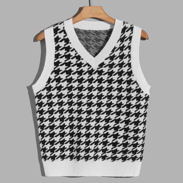 

Men Houndstooth Pattern Sweater Vest, Black and white
