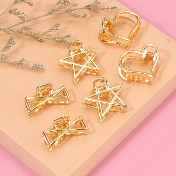 

6pcs Toddler Girls Heart & Star Design Hair Claw, Gold