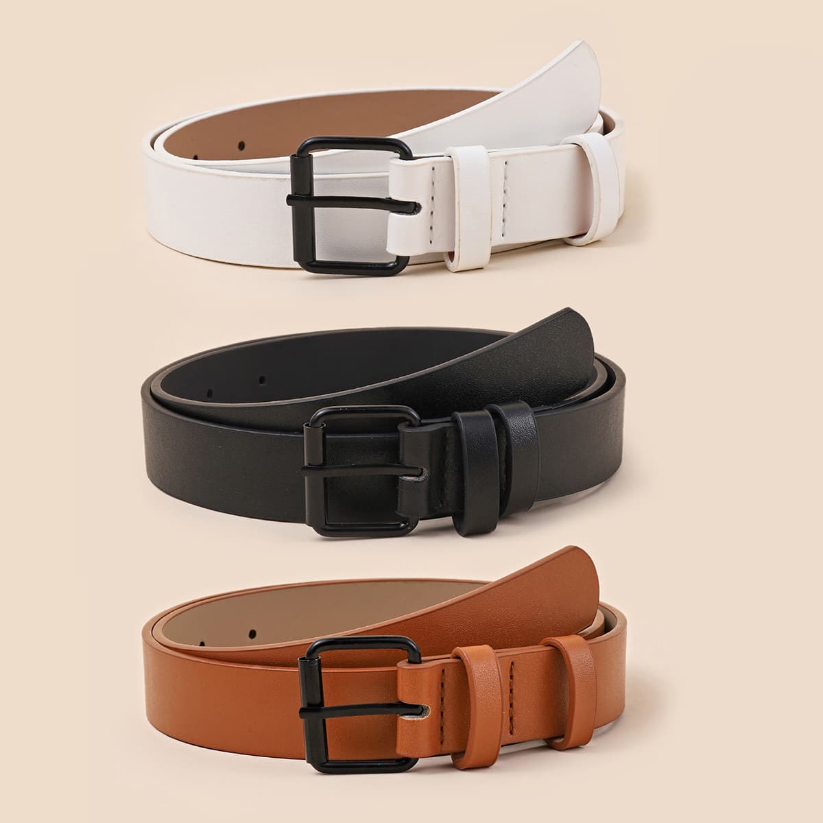 

3pcs Square Buckle Belt, Black