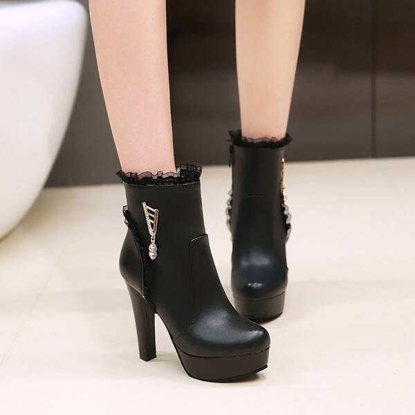 

Metal Decor Lace Detail Side Zip Platform Boots, Black