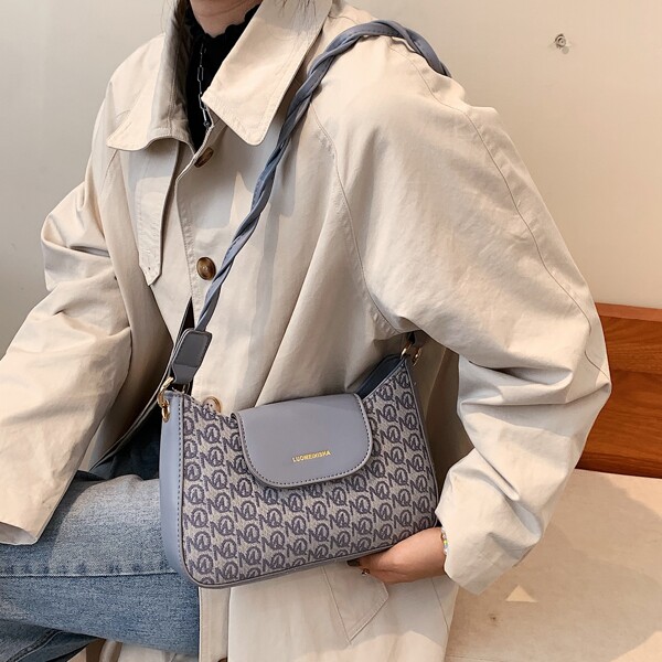 

Letter Pattern Flap Shoulder Bag, Dark grey