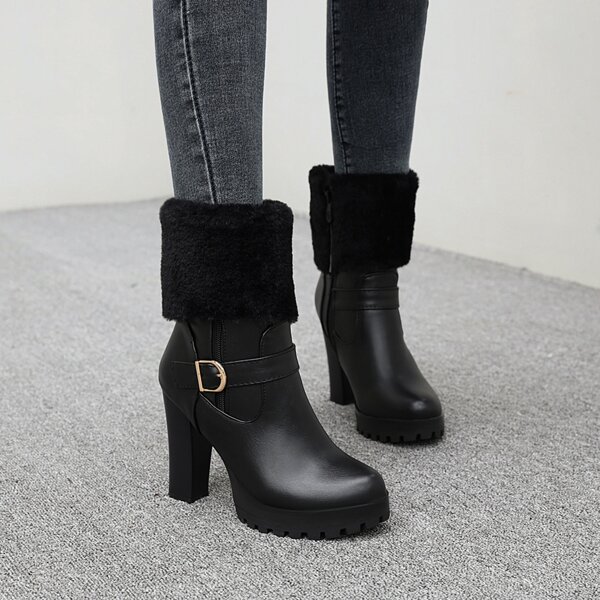 

Fuzzy Buckle Detail Side Zip Chunky Heeled Boots, Black