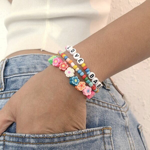 

3pcs Letter Graphic Beaded Bracelet, Multicolor