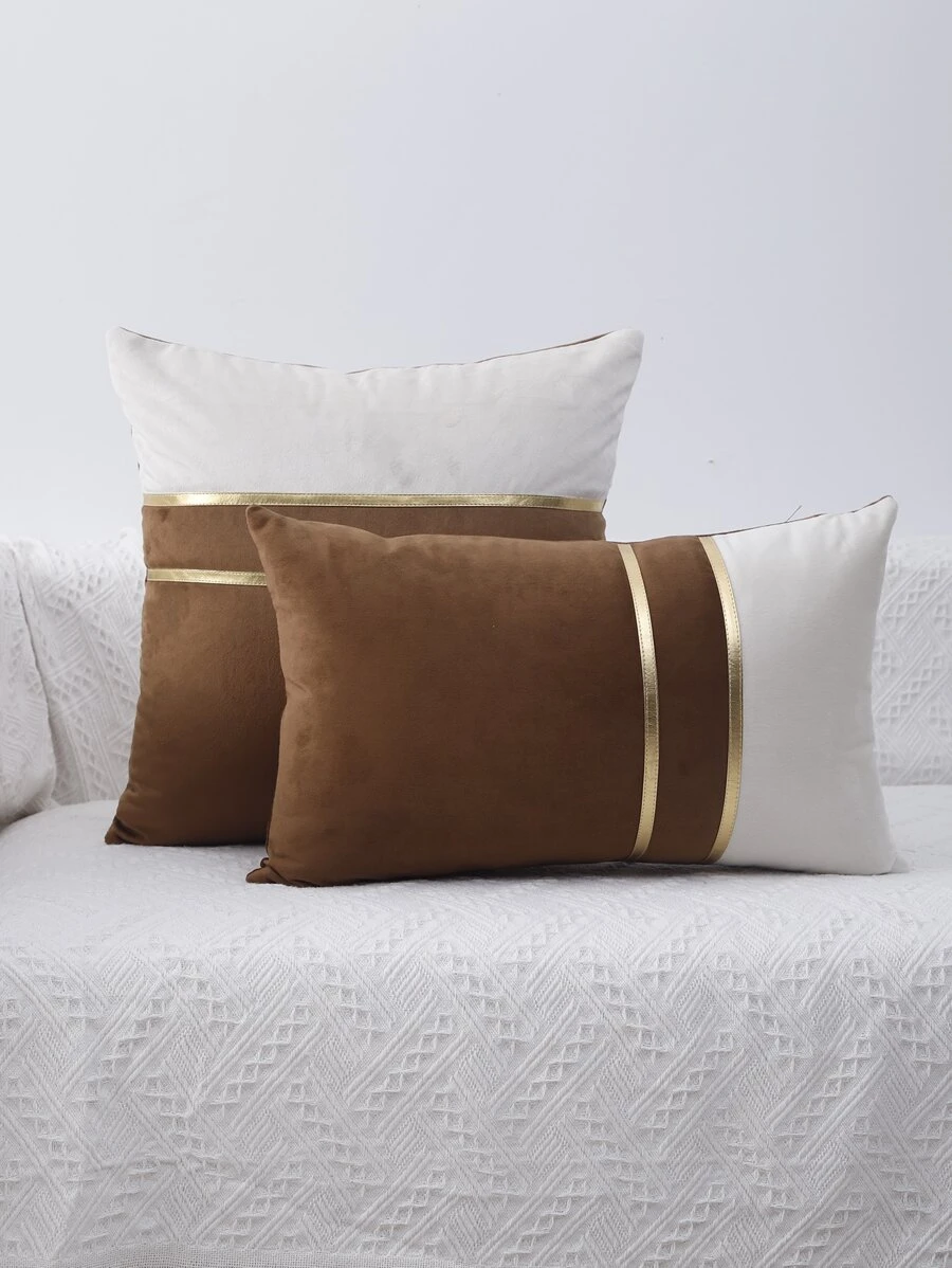 1pc Color Block Cushion Cover không có chất làm đầy - Cà phê nâu - Xem 1
