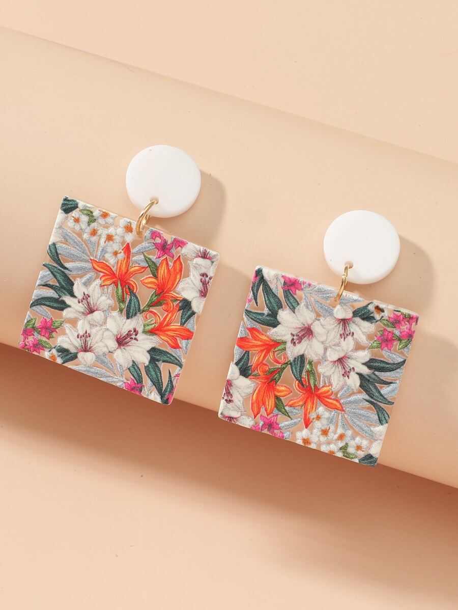 1對歐美時尚簡約創意花印壓克力耳環,適用於日常使用 - 彩色 - 查看 1