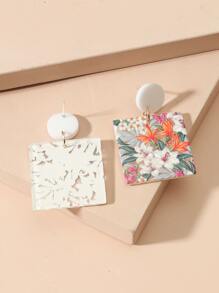 1對歐美時尚簡約創意花印壓克力耳環,適用於日常使用 - 彩色 - 查看 2