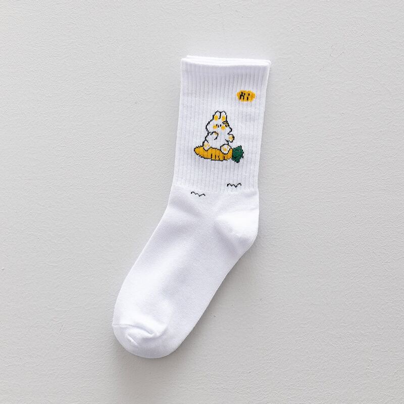 

Cartoon Rabbit Print Crew Socks, White