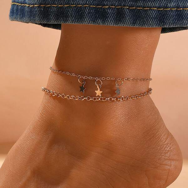

2pcs Star Charm Anklet, Gold