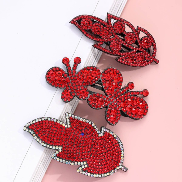 

3pcs Rhinestone Butterfly Decor Hair Clip, Red