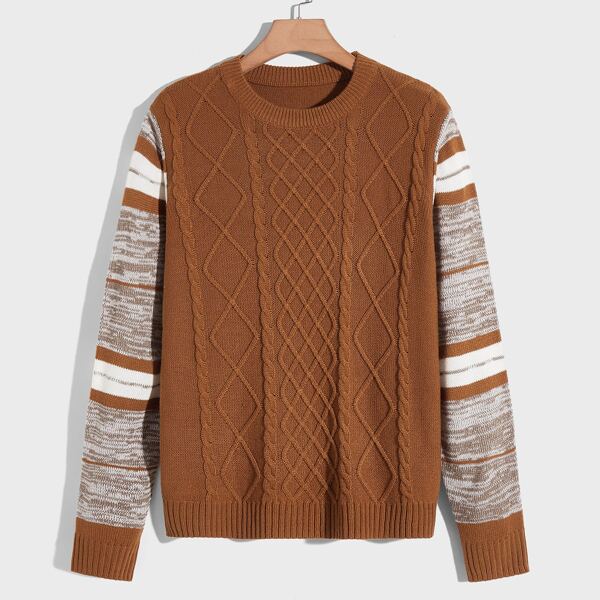 

Men Stripe Pattern Cable Knit Sweater, Brown