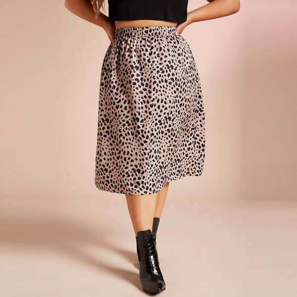 

Plus Elastic Waist Dalmatian Print Skirt, Mocha brown