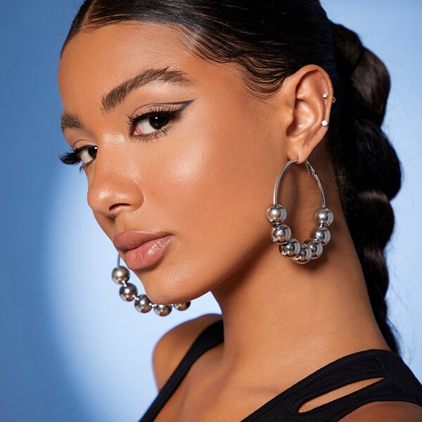 

Round Ball Decor Hoop Earrings, Silver