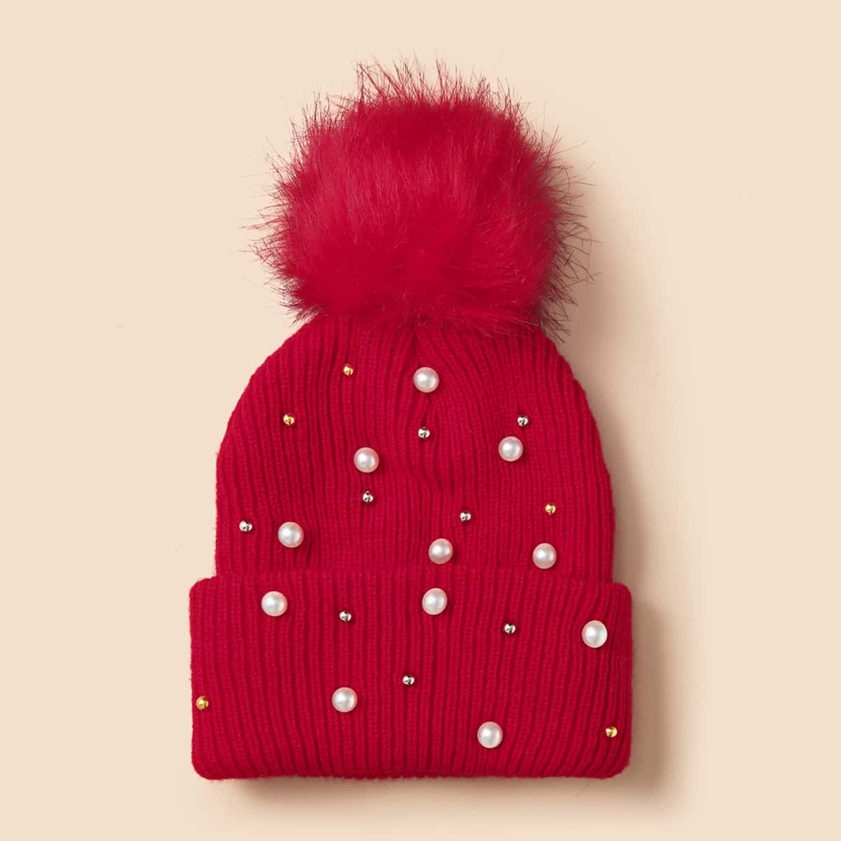 Faux Pearl Decor Knit Hat, Red