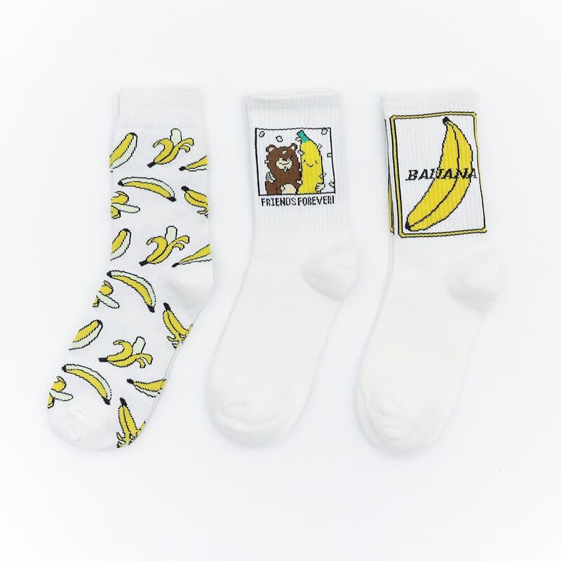 

3pairs Banana Print Crew Socks, White