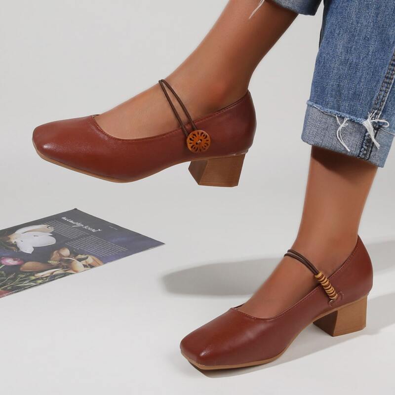 

Beaded Decor Chunky Mary Jane Pumps, Brown